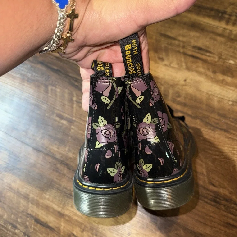 Doc Martens Girls Black Floral Lace Up Side Zip Pascal Moto Boots Size 13